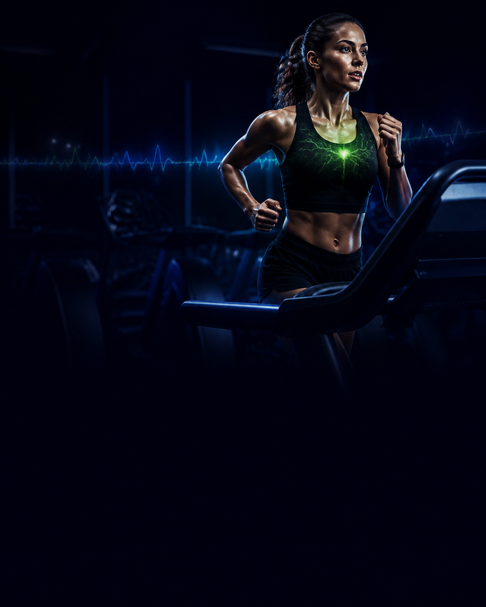 Athletic woman running on a treadmill with blue and green cardio lighting