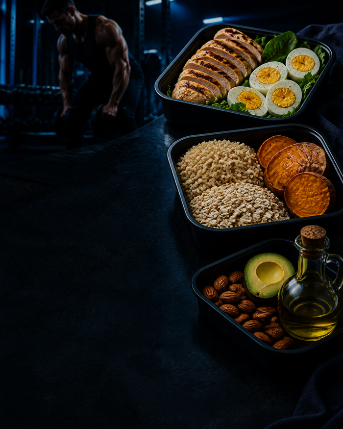 Protein, carbohydrate and healthy fat meal preparation in a dark gym