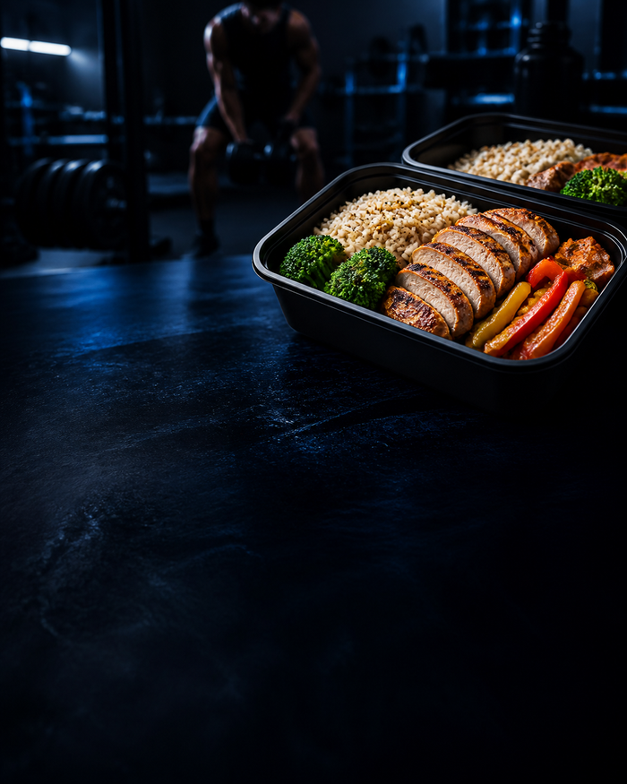 Balanced fitness meal preparation with an athlete training in a dark gym