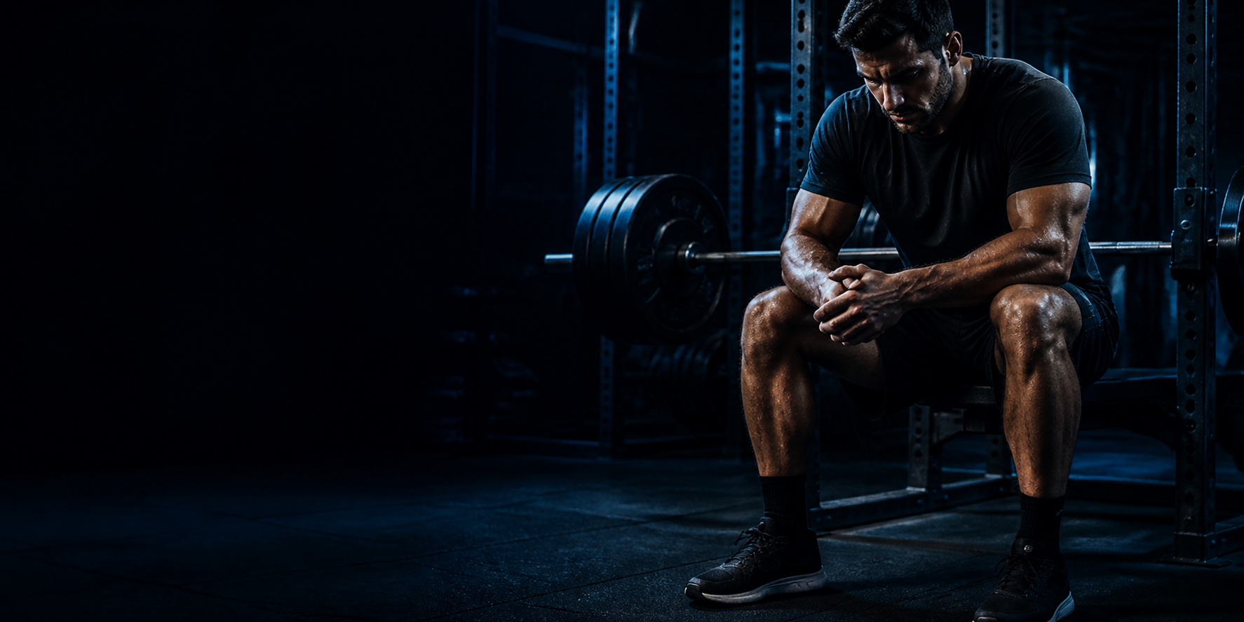 Athlete resting beside a loaded barbell in a dark blue gym
