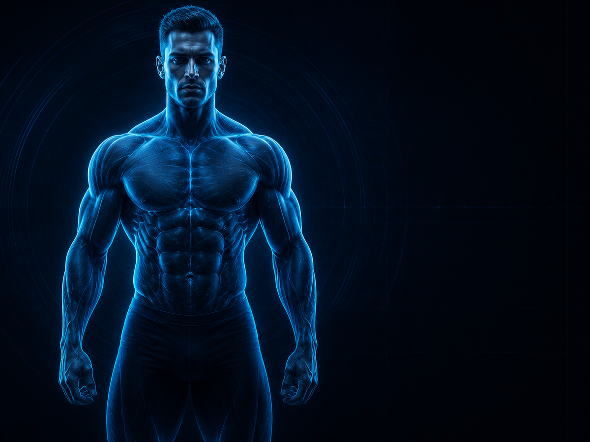 Blue anatomical athlete visualization for fitness planning