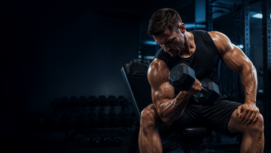 Athlete performing a heavy dumbbell curl in a dark blue gym