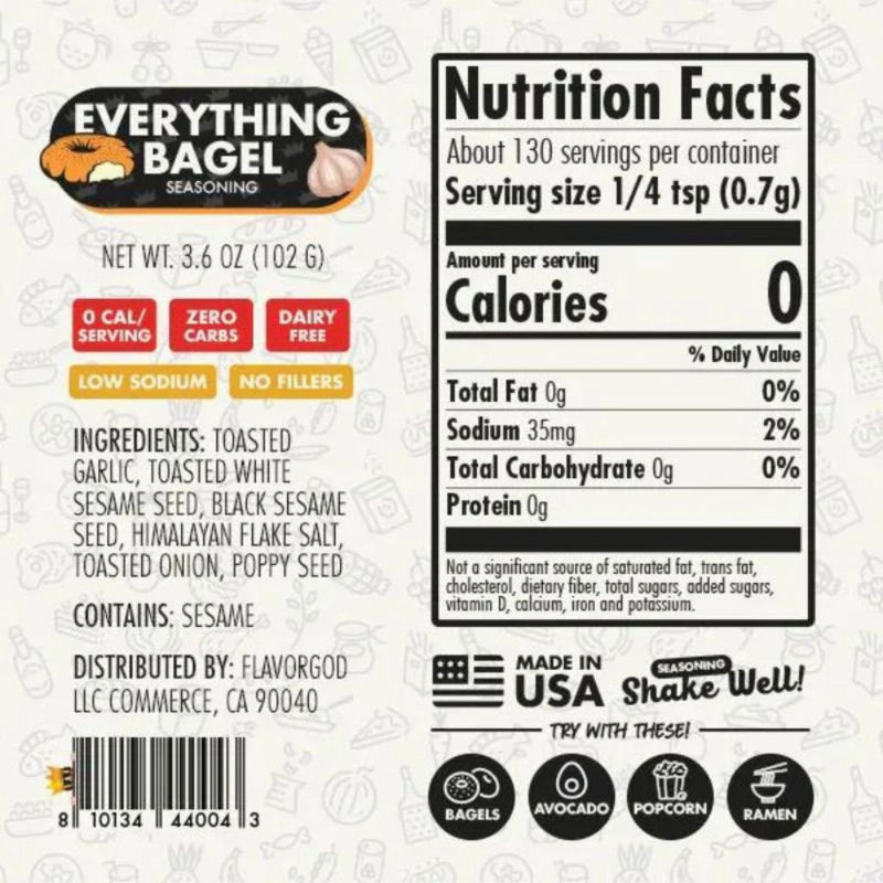 Flavor God ZERO CARB SEASONING Everything Bagel Nutrition Panel - SupplementSource.ca