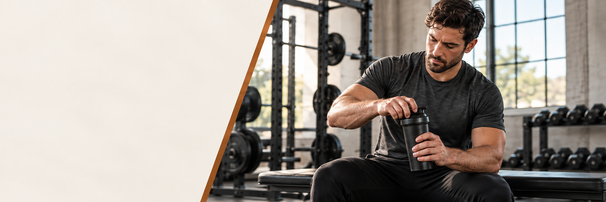 Man preparing a shaker while seated in a bright gym.