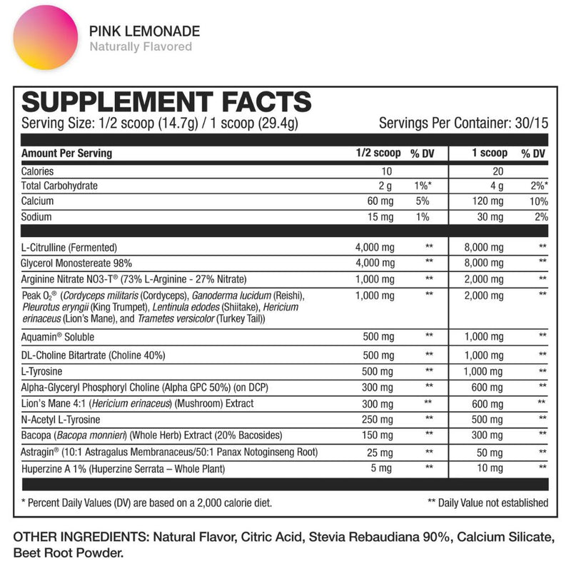 HD Muscle PreHD Elite 30 Servings Pink Lemonade Nutrition Panel - SupplementSource.ca