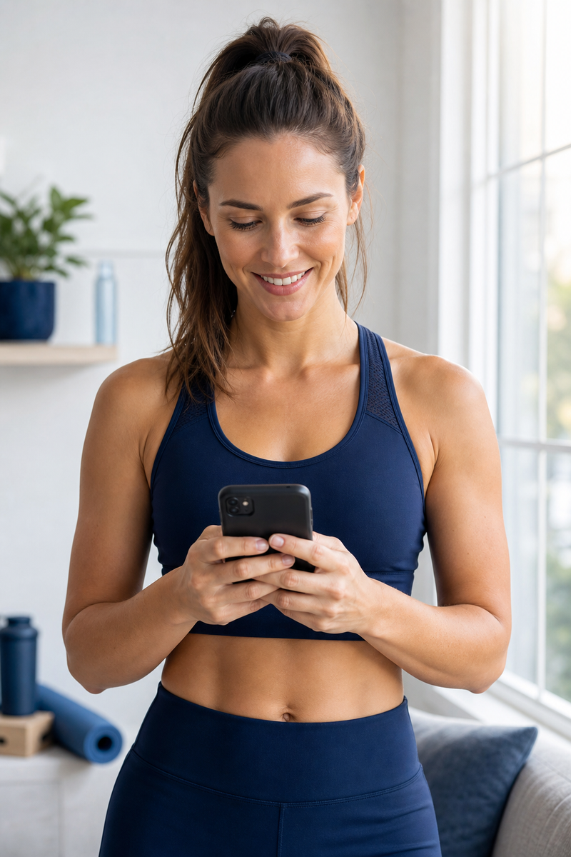 Fit woman ordering supplements on her phone