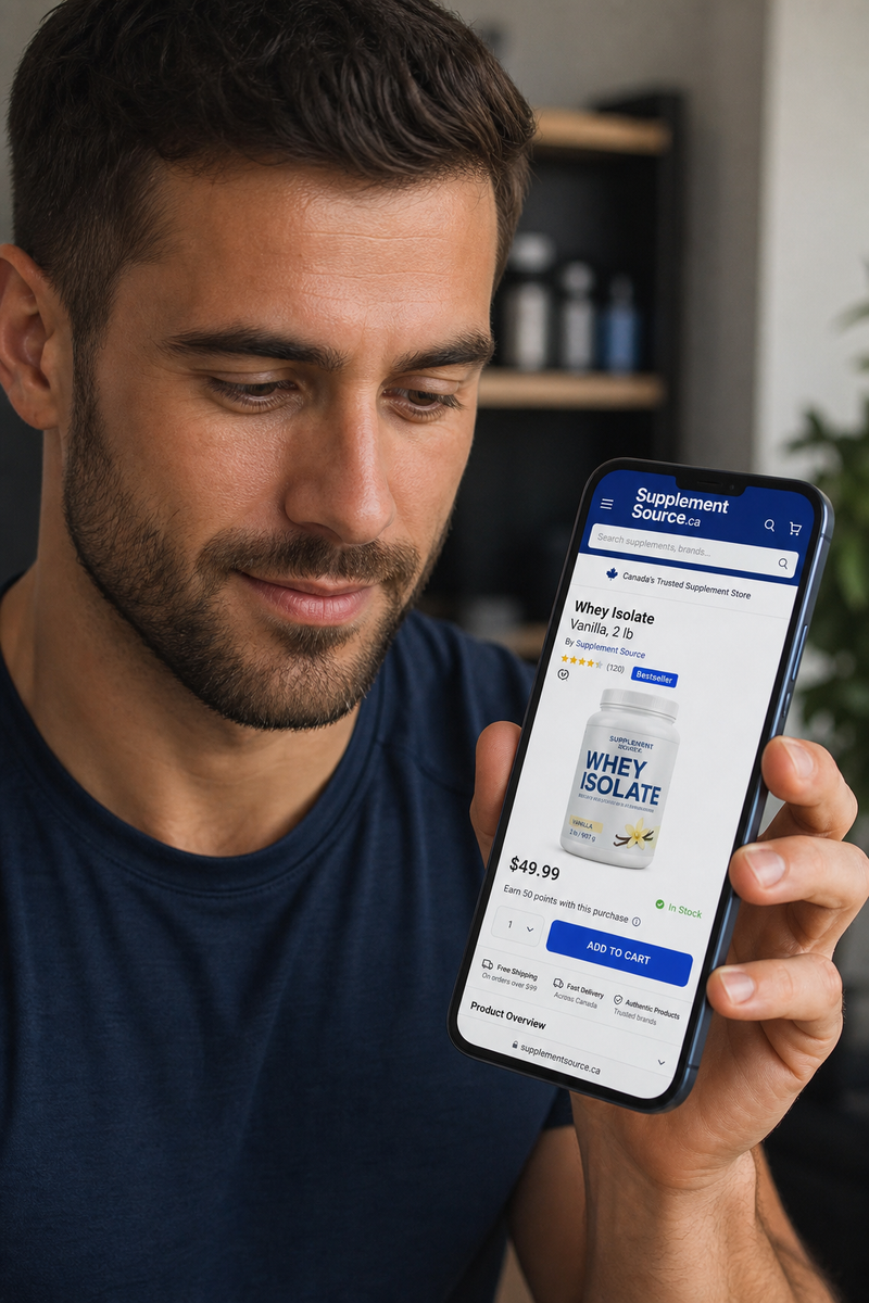 Man ordering supplements from SupplementSource.ca on his phone