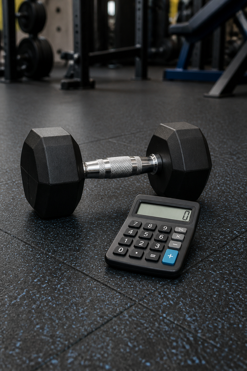 Dumbbell and calculator on a gym floor