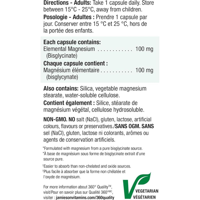 Jamieson Magnesium Bisglycinate Nutrition Panel - SupplementSource.ca