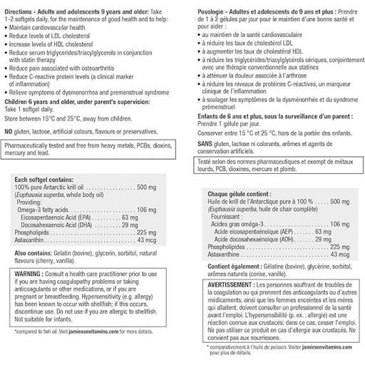 Jamieson Krill 500mg, 60 Softgels Nutrition Panel - SupplementSource.ca