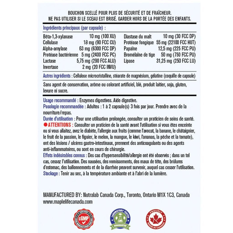 MapleLife Digestive Enzymes Nutrition Panel French - SupplementSource.ca