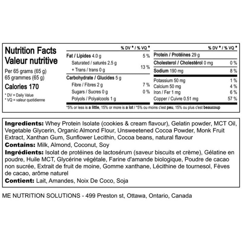 Me Bar Protein Bar 56g Nutrition Panel - SupplementSource.ca