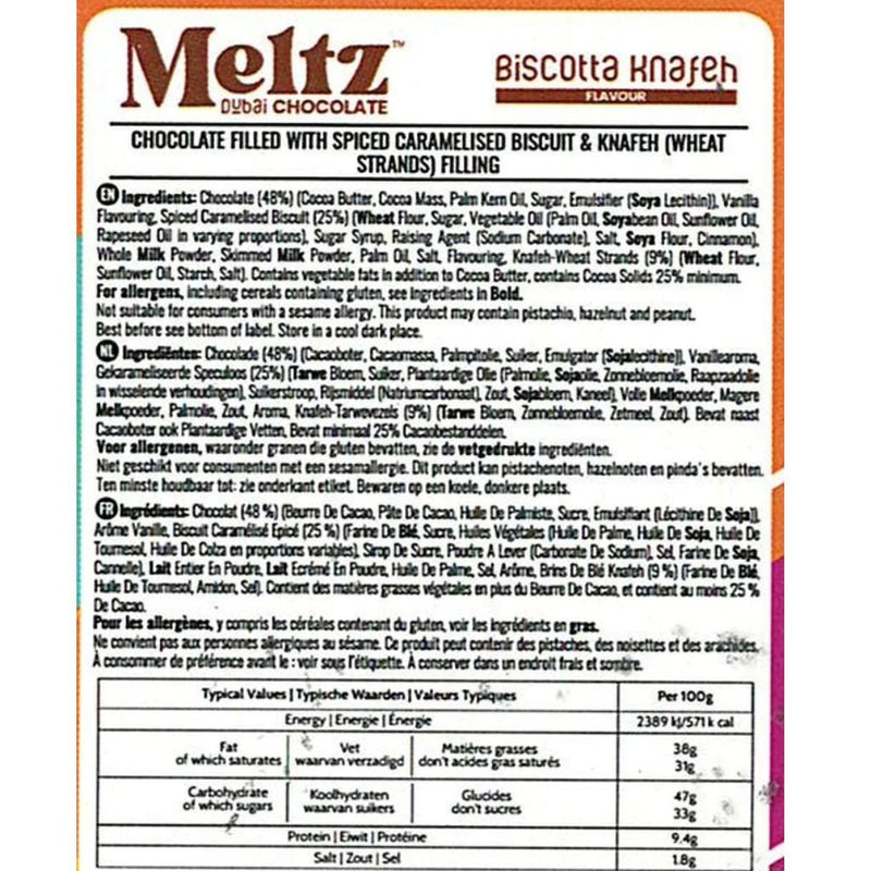 Meltz Dubai Chocolate Bar, 75g Biscotta Nutrition Panel - SupplementSource.ca