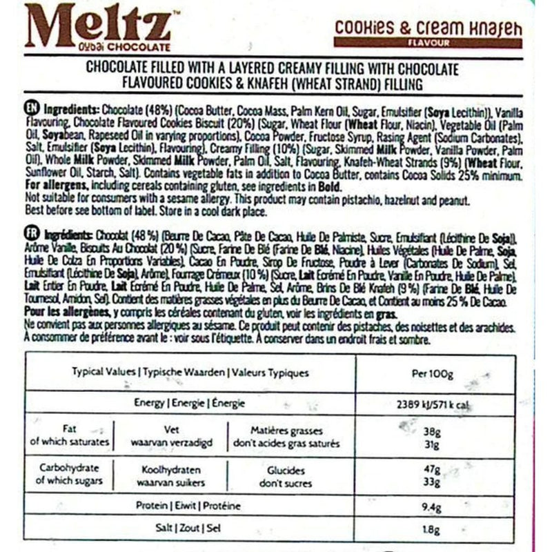 Meltz Dubai Chocolate Bar, 75g Cookies & Cream Nutrition Panel - SupplementSource.ca