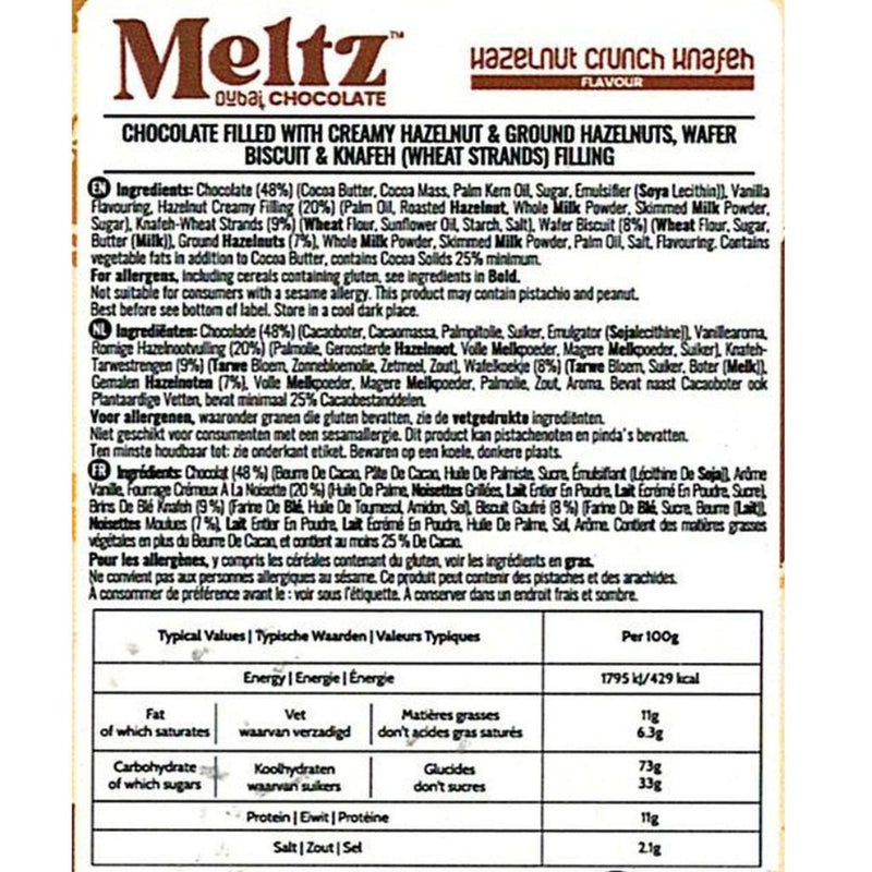 Meltz Dubai Chocolate Bar, 75g Hazelnut Nutrition Panel - SupplementSource.ca