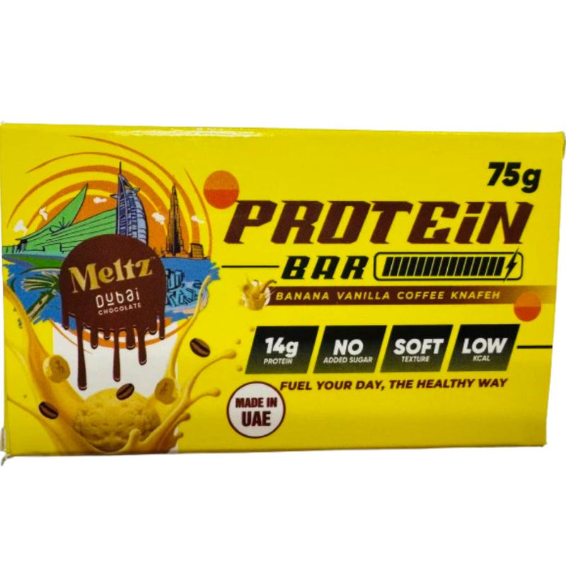 Meltz Dubai Chocolate PROTEIN BAR 75g Banana Vanilla Coffee - SupplementSource.ca