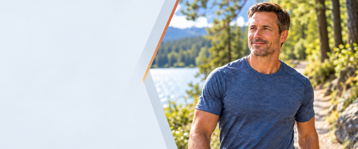 Man in a blue athletic shirt on a sunny lakeside woodland trail.