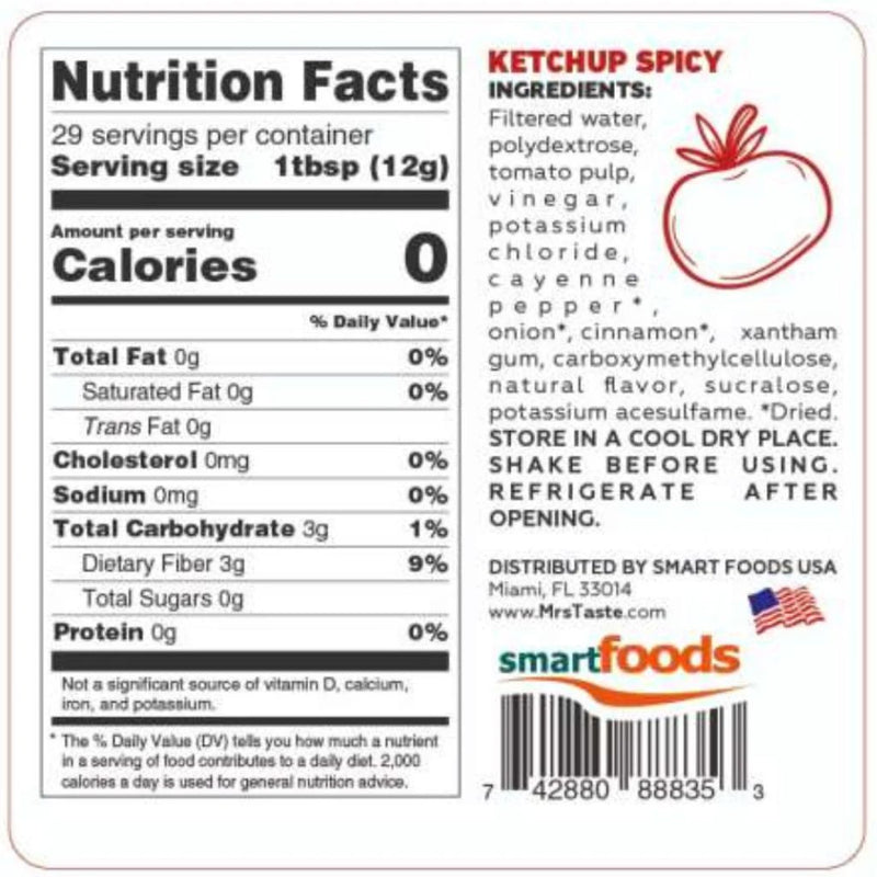 Mrs Taste Zero Calorie Sauces Spicy Ketchup Nutrition Panel - SupplementSource.ca