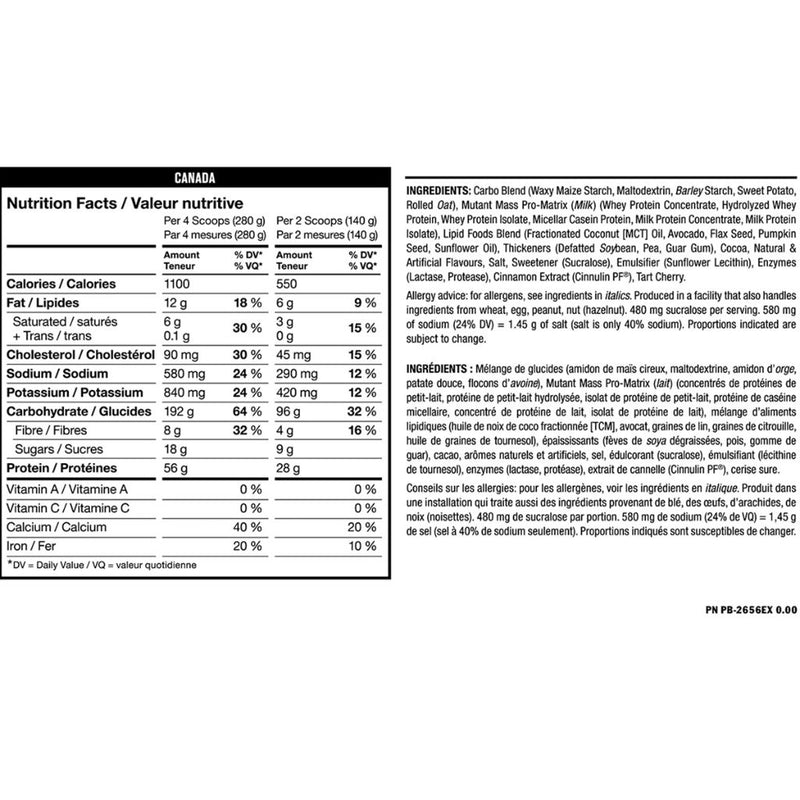 Mutant Mass Original Look 15lb Triple Chocolate Nutrition Panel - SupplementSource.ca
