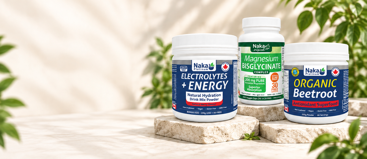 Naka Electrolytes + Energy, Magnesium Bisglycinate and Organic Beetroot on natural stone