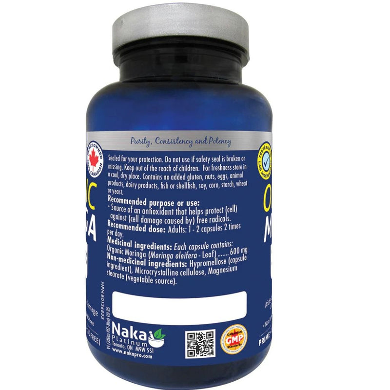 Naka Platinum Organic Moringa, 60 VCaps Nutrition Panel - SupplementSource.ca