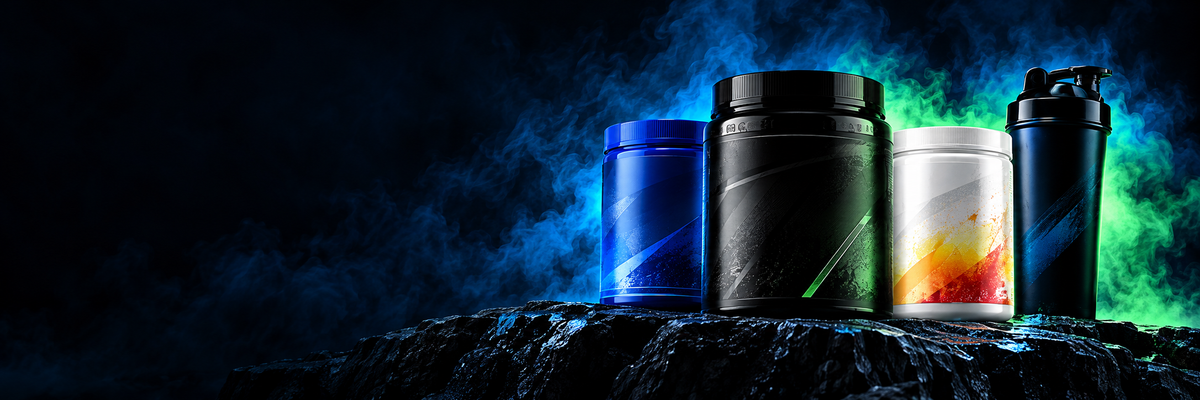 New sports supplements on a dark blue and green background