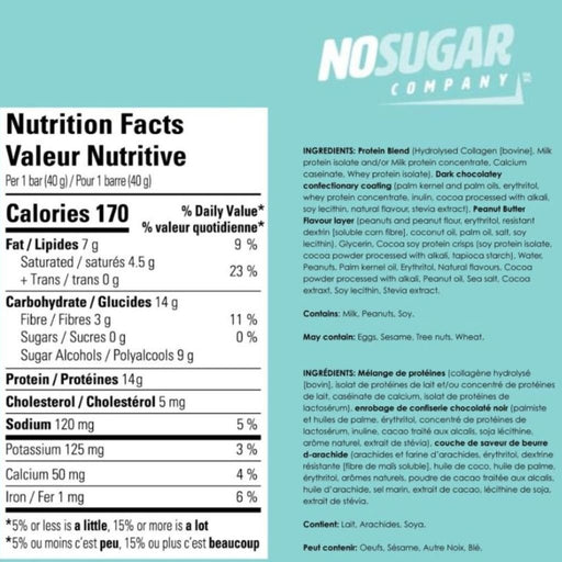No Sugar Company Collagen Bar Nutrition Panel, Chocolate Peanut Butter,  Bars/Box - SupplementSource.ca
