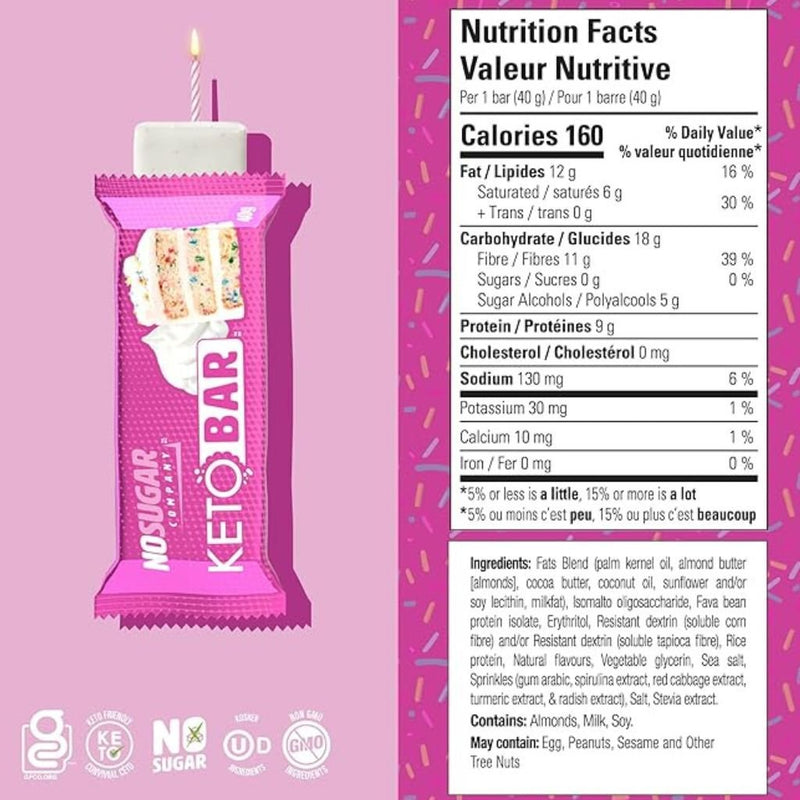 No Sugar Company KETO BAR, 40g x 12 Bars Birthday Cake Nutrition Panel - SupplementSource.ca