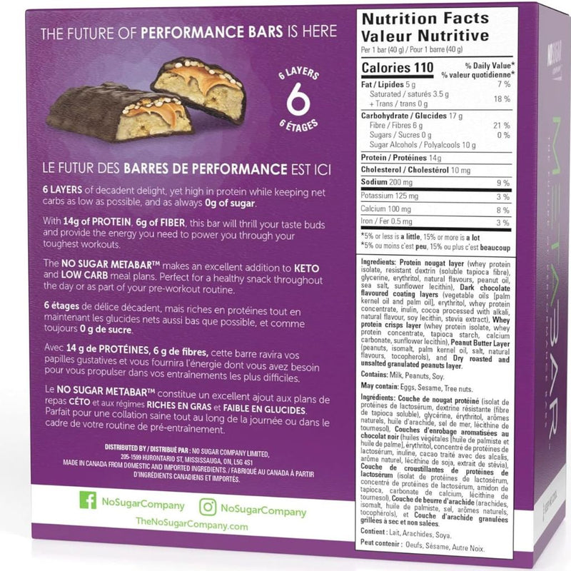 No Sugar Company METABAR 12 Bars/Box Nutrition Panel - SupplementSource.ca