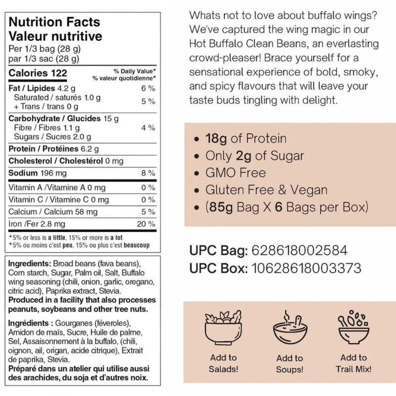 Nutraphase Clean Beans Box, Hot Buffalo Wing Nutrition Panel - SupplementSource.ca