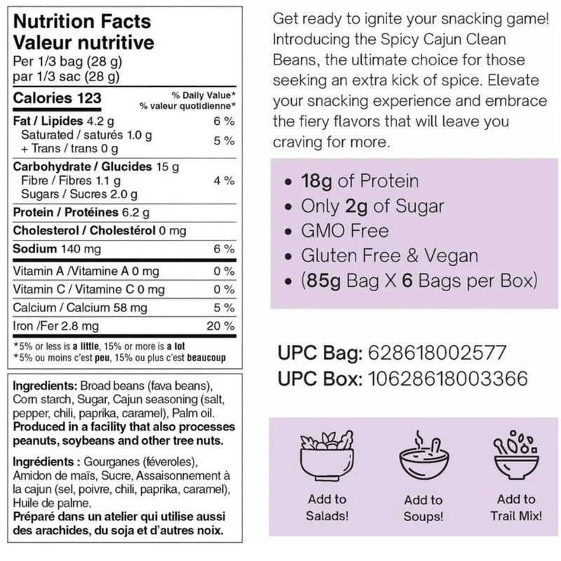 Nutraphase Clean Beans Box, Spicy Cajun Nutrition Panel - SupplementSource.ca