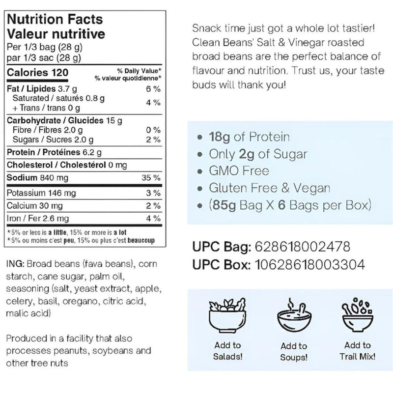 Nutraphase Clean Beans Box, Salt & Vinegar Nutrition Panel - SupplementSource.ca