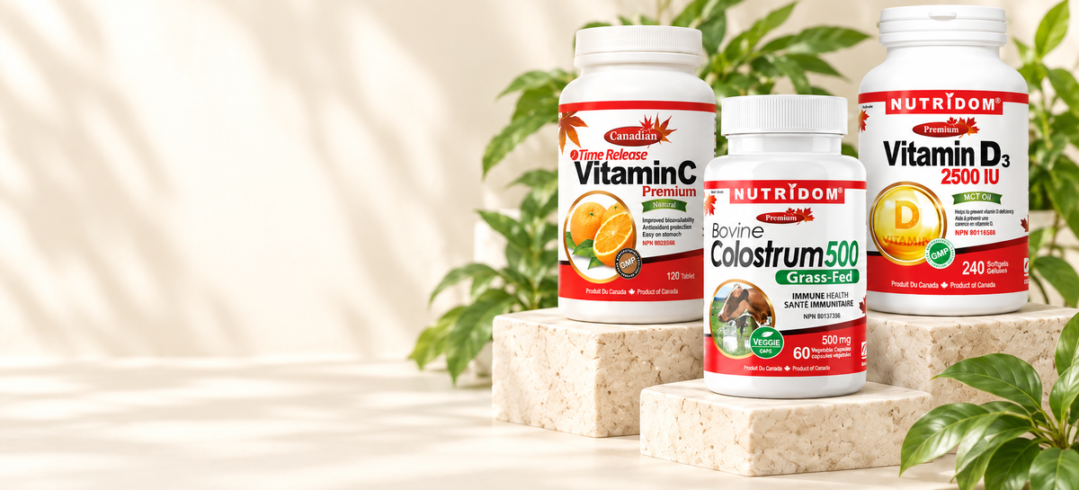 Nutridom Bovine Colostrum 500, Vitamin C Time Release and Vitamin D3 with MCT Oil