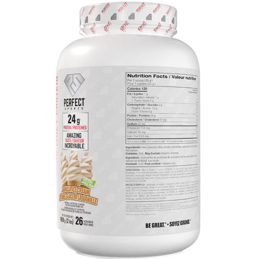 Perfect Sports New Zealand Whey Protein, 2lb Vanilla Ice Cream Nutrition Panel - SupplementSource.ca