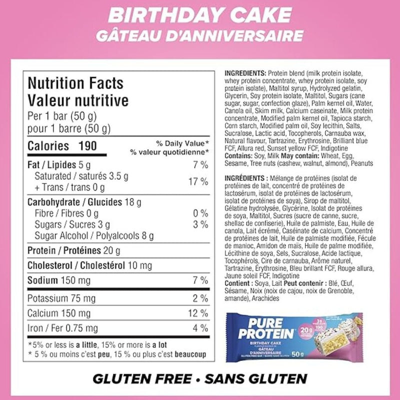 Pure Protein Protein Bars, 12 Pack Birthday Cake  Nutrition Panel - SupplementSource.ca