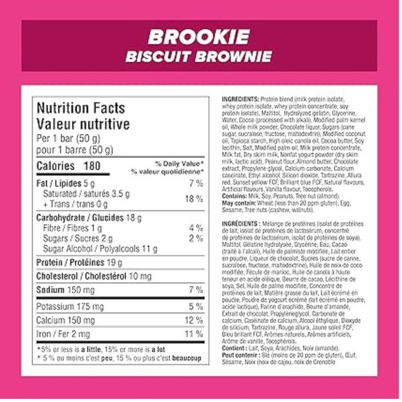 Pure Protein Bars 6 Pack Brookie Nutritional Panel - SupplementSource.ca