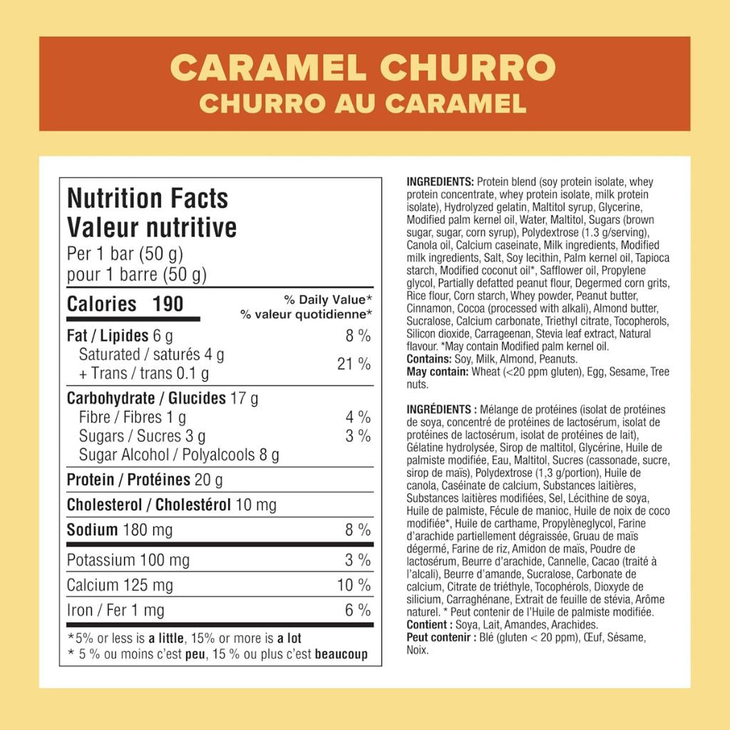 Pure Protein Bars 6 Pack Caramel Churro Nutrition Panel - SupplementSource.ca