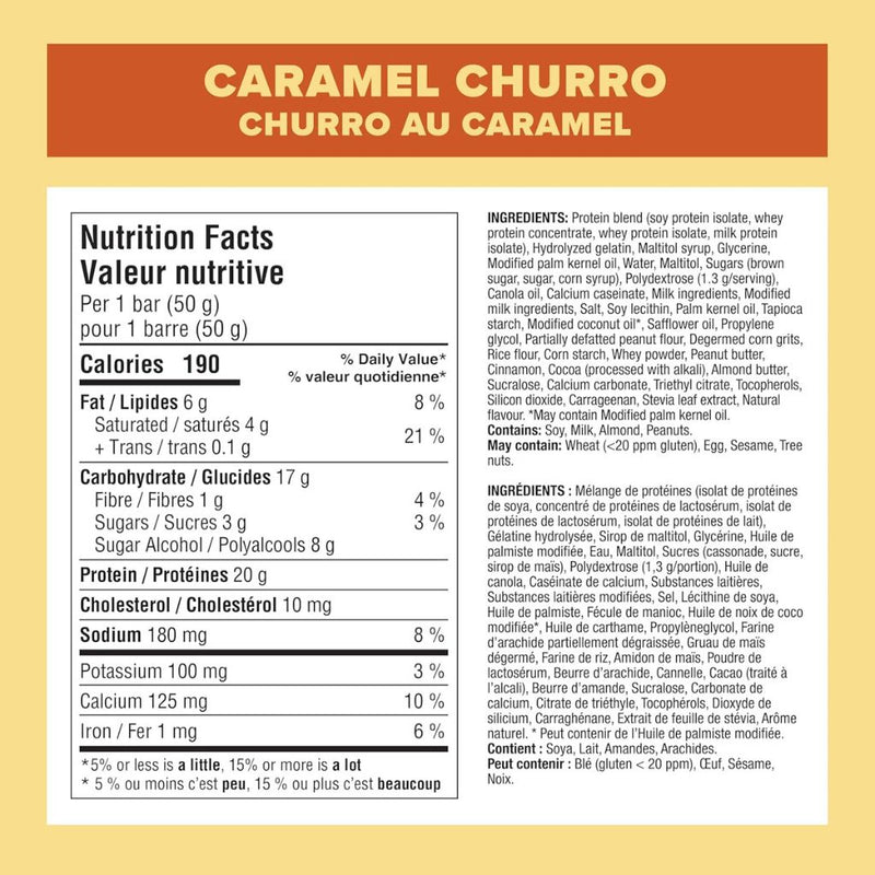 Pure Protein Bars 6 Pack Caramel Churro Nutrition Panel - SupplementSource.ca