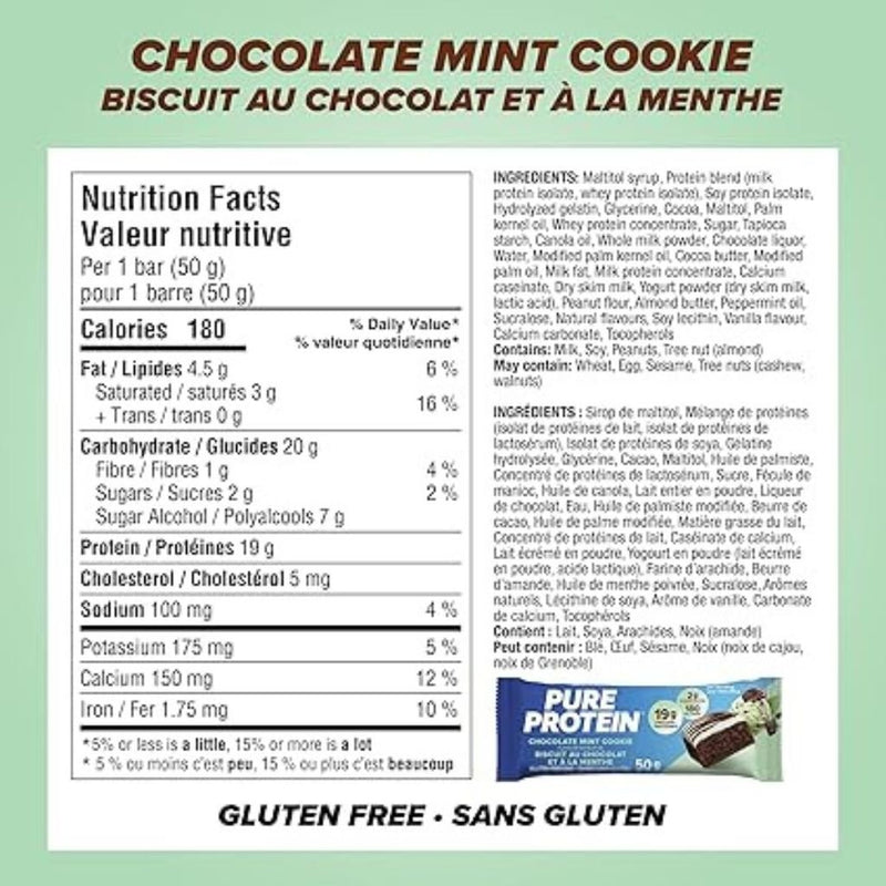 Pure Protein Bars 6 Pack Chocolate Mint Cookie Nutritional Panel - SupplementSource.ca