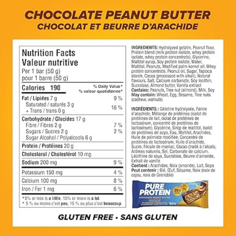 Pure Protein Bars 6 Pack Chocolate Peanut Butter Nutritional Panel - SupplementSource.ca