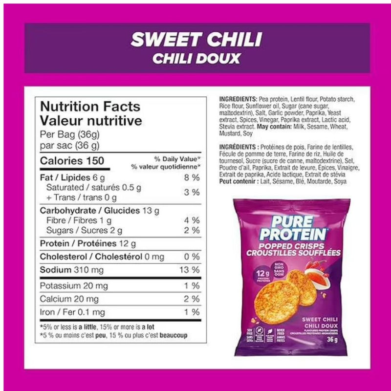 Pure Protein Popped Crisps Sweet Chili Nutrition Panel - SupplementSource.ca