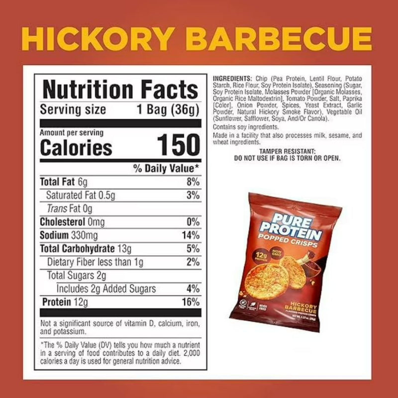 Pure Protein Popped Crisps Hickory BBQ Nutrition Panel - SupplementSource.ca