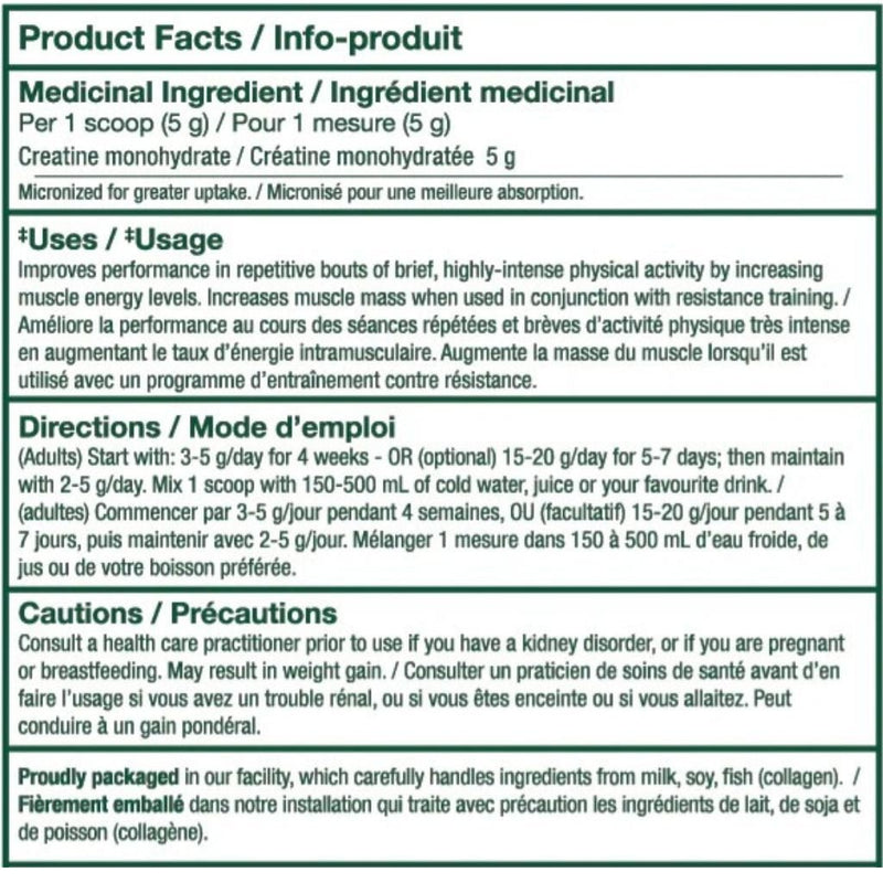 PVL 100% Pure Creatine 1000g Nutrition Panel - SupplementSource.ca