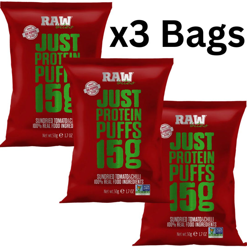 Raw Bites Just Protein Puffs Sundried Tomato&Chilli, 50gx3 - SupplementSource.ca