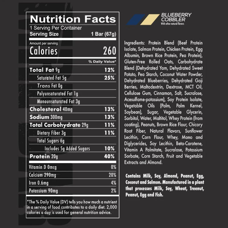 RedCon1 MRE BARS, 12 Bars/Box Blueberry Cobbler Nutrition Panel - SupplementSource.ca