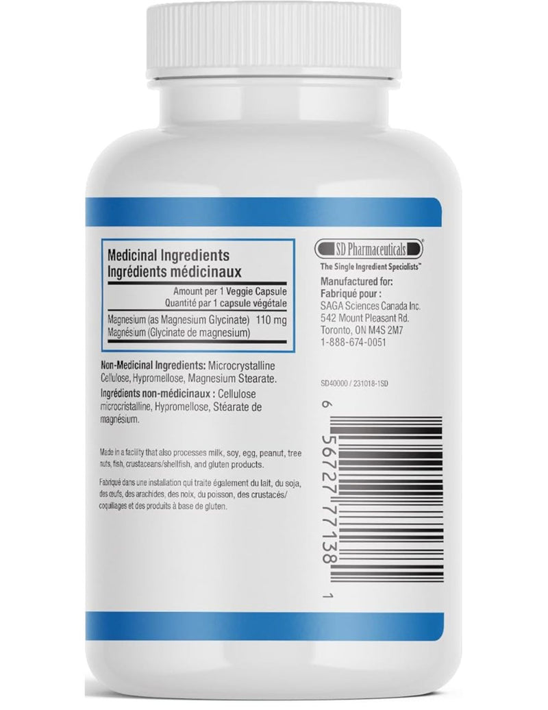 SD Pharma MAGNESIUM GLYCINATE 110mg, 90 VCaps Nutrition Panel - SupplementSource.ca