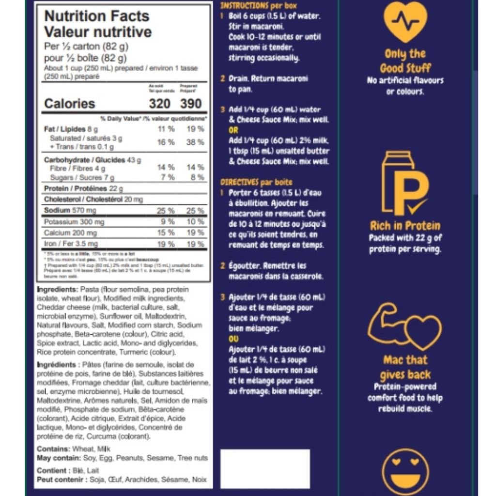 SinFit Nutrition Protein Mac & Cheese 164g Nutrition Panel - SupplementSource.ca