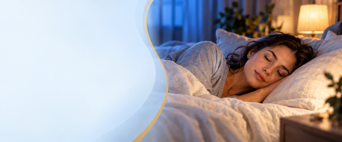 Chambre paisible où une femme se repose sur une literie ivoire près d’une lampe de chevet à la lumière douce.