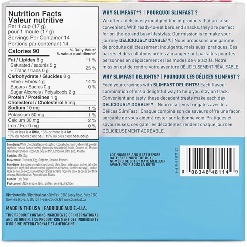 Slimfast Delights 14 Treats/Box Iced lemon Drop Nutrition Panel - SupplementSource.ca