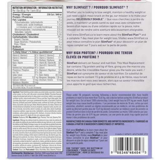 SlimFast High Protein Bars Nutrition Panel - SupplementSource.ca